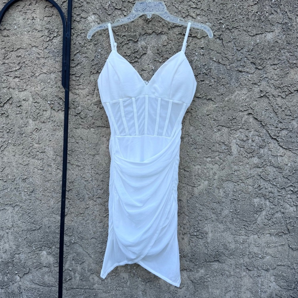 Vanilla Bella Corset Mini Dress Womens Size M White Ruched Mesh Bodycon PD76104B